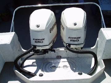 The Kauai boat is powered with twin Evinrude ETEC 250 HP outboards