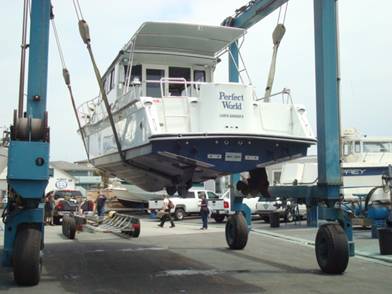 Damon from Harbor Marineworks prepares for the splash – you can see the Volvo IPS drives on the bottom of the hull