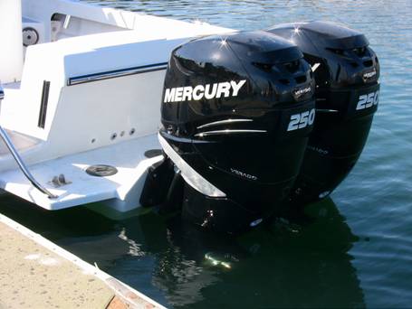Twin Mercury 250 HP Verados mounted on a Hermco fiberglass flotation swimstep bracket